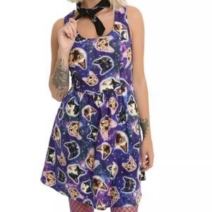 NEW Retrolicious purple galaxy space cats‎ pinup sleeveless dress XS